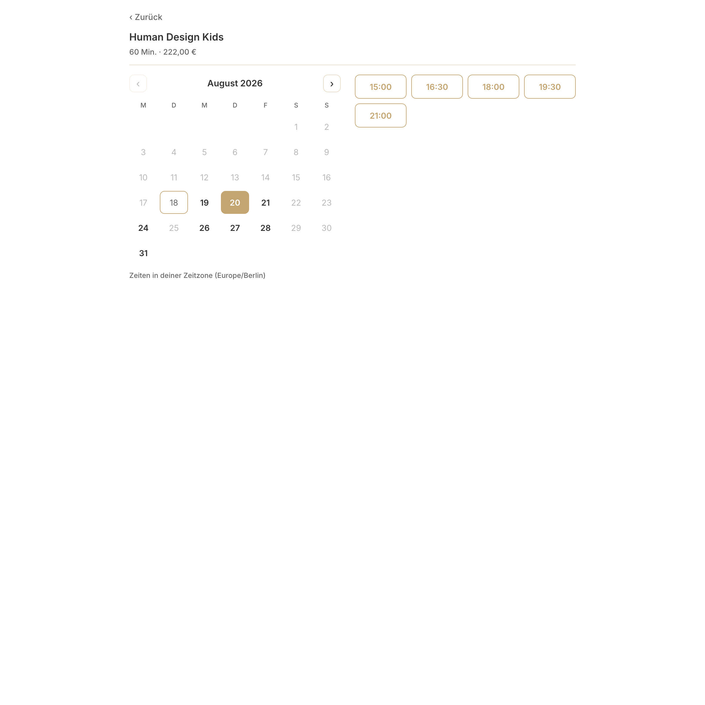Booking page for a reading with available times