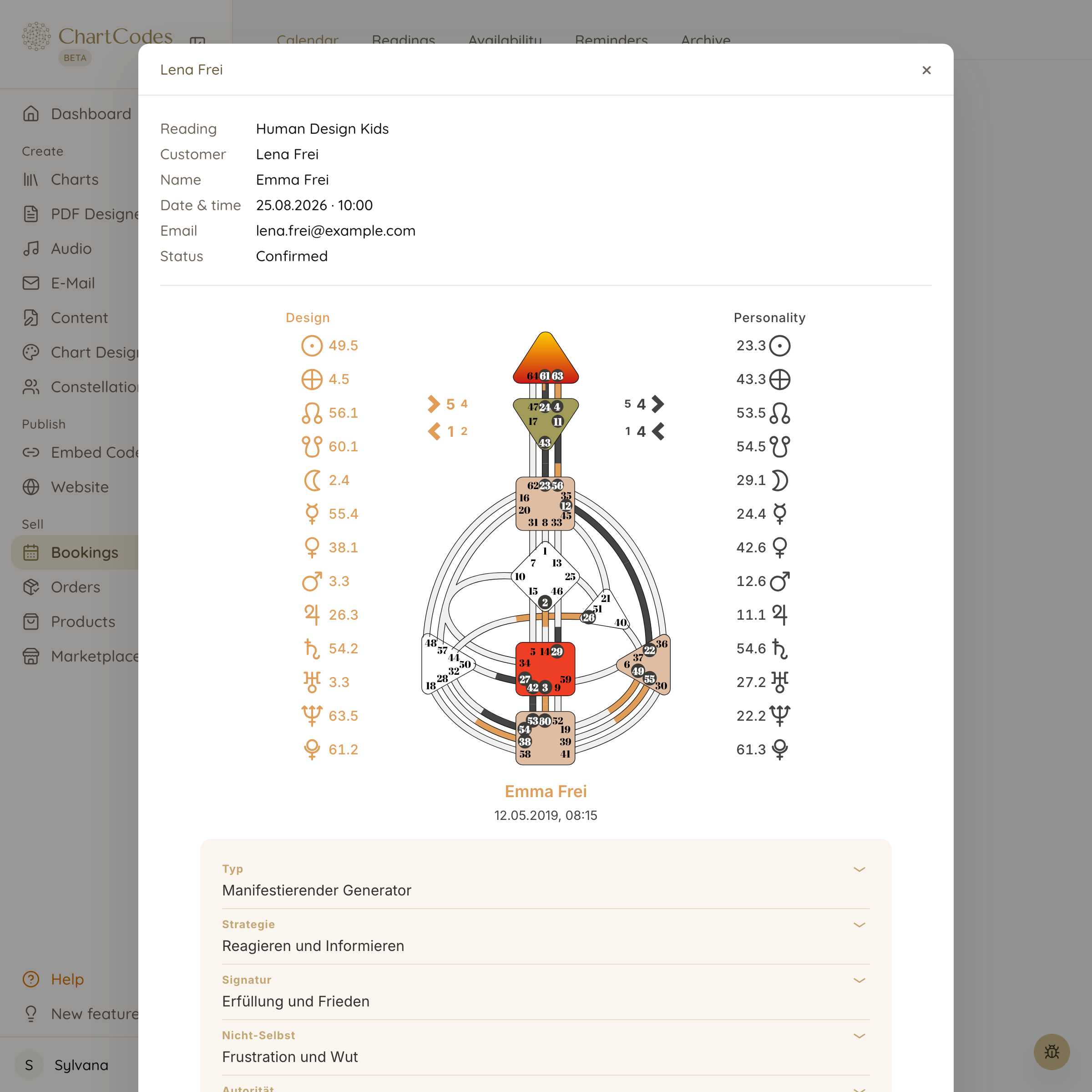 Booked reading with the client birth data