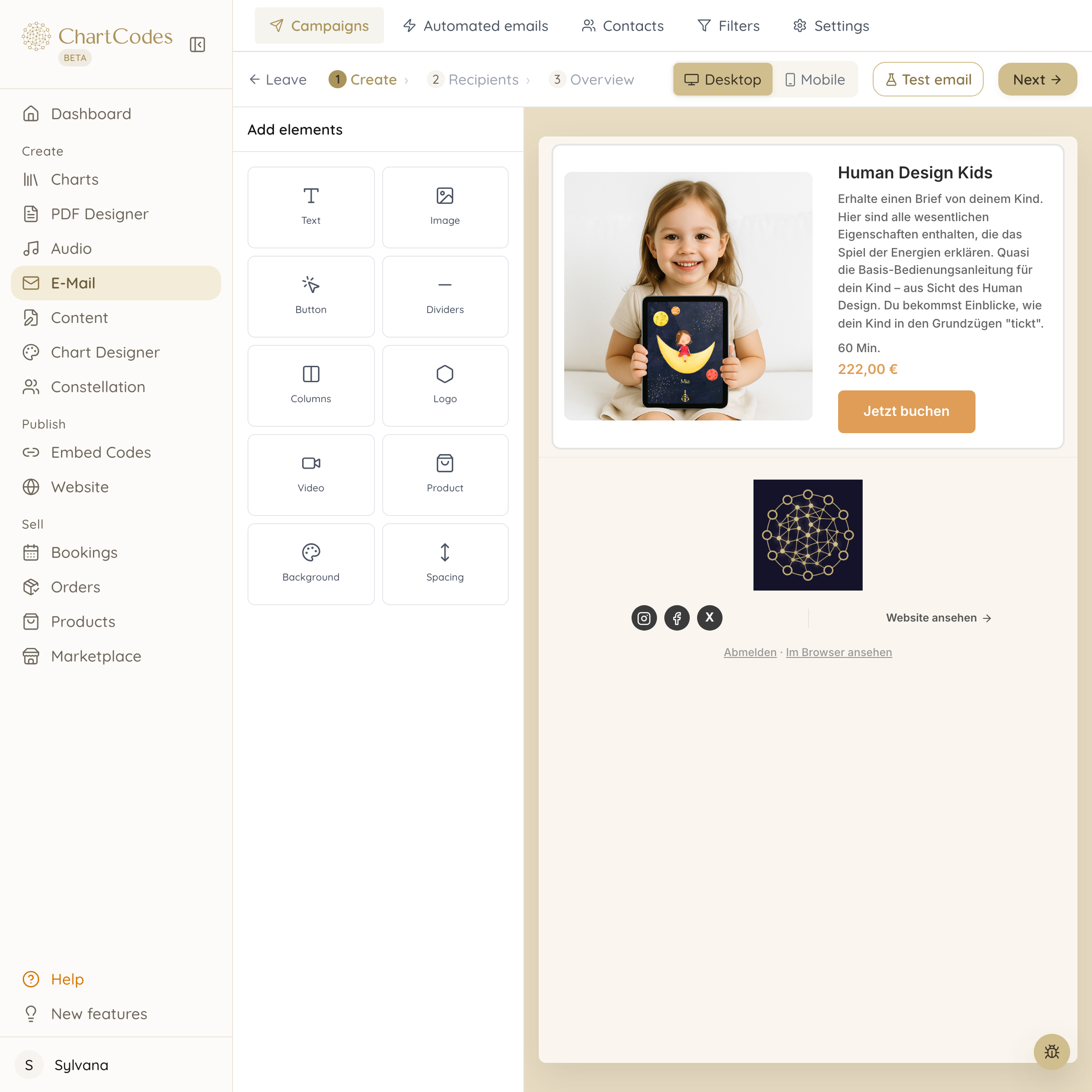 Newsletter in the email editor with Human Design data in the text