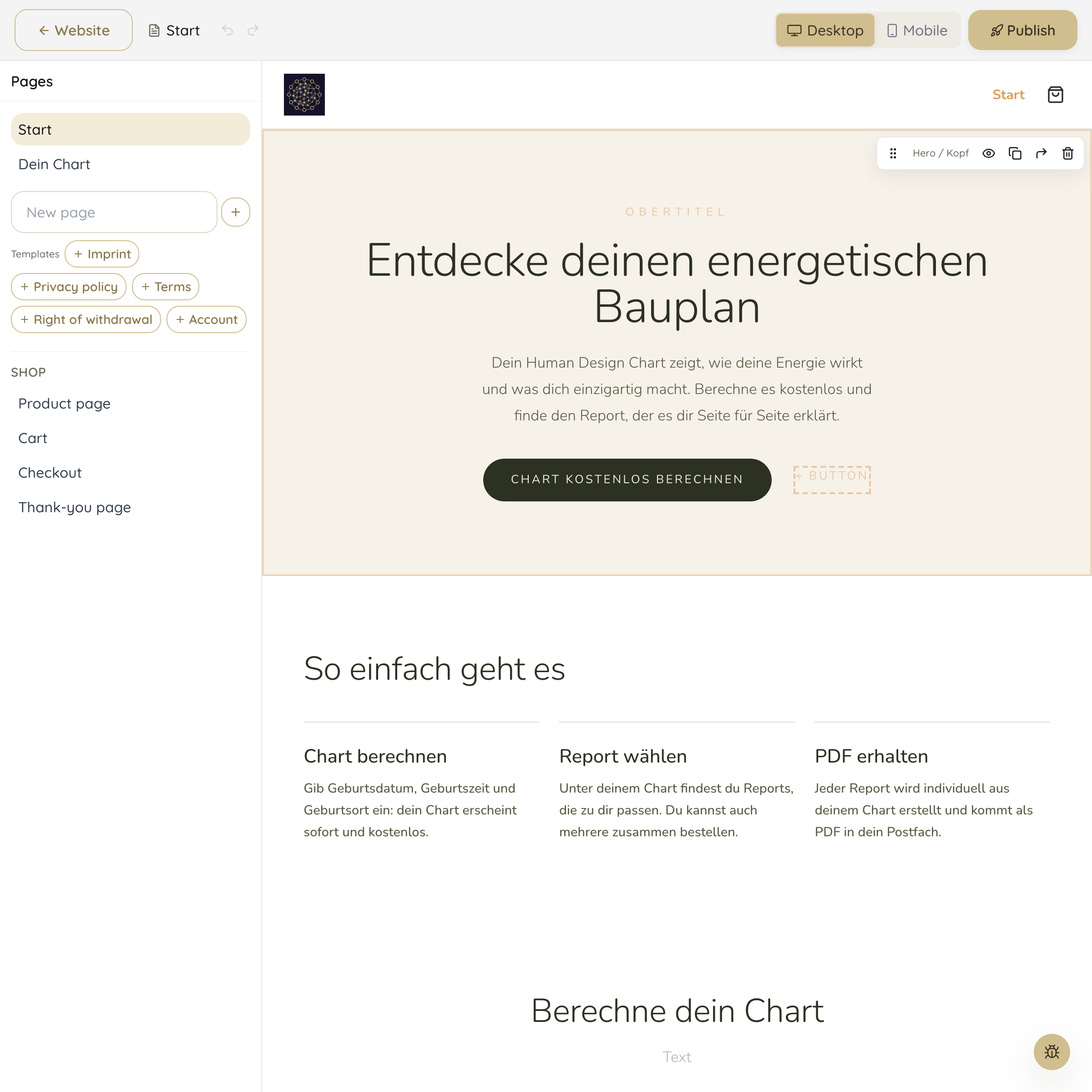 Human Design website in the builder with a ready template
